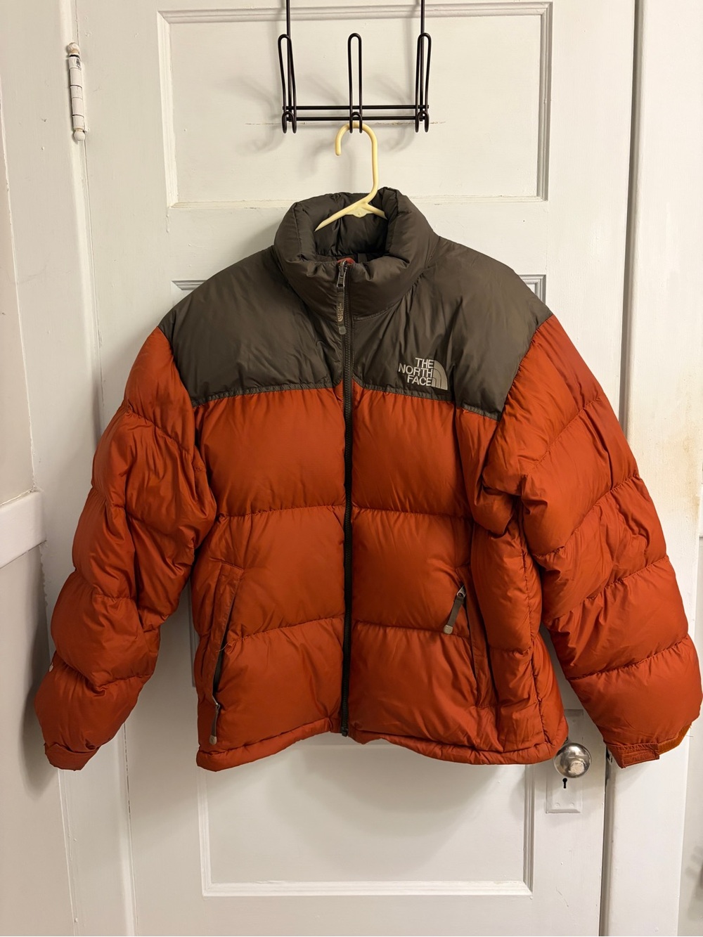 The North Face Men’s Puffer Jacket in Orange with Brown Yoke